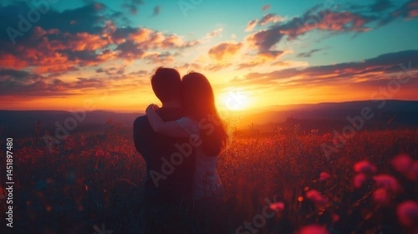Obraz Romantic couple embracing while watching a vibrant sunset over a field