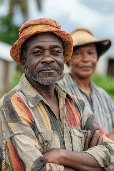 Obraz Portrait of a confident man in a colorful hat and striped shirt standing outdoors