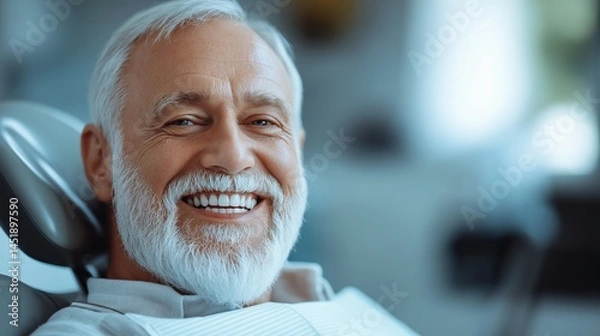 Obraz Smiling elderly man at a dental clinic showing perfect white teeth