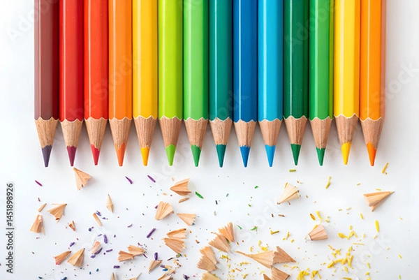 Fototapeta "Sharpened Color Pencils Lined Up with Shavings on White Surface"
