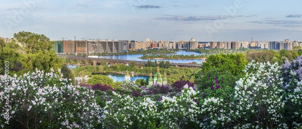 Fototapeta Lilacs in full bloom at Kyiv's Hryshko Botanical Garden frame the golden domes of Vydubychi Monastery with a cityscape beyond.
