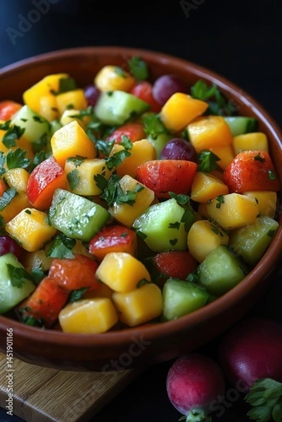 Obraz Fresh colorful fruit salad in a clay bowl garnished with herbs