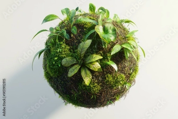Fototapeta Miniature spherical ecosystem of lush greenery.  Detailed sphere of vibrant, diverse plants and moss, arranged in a natural, balanced composition