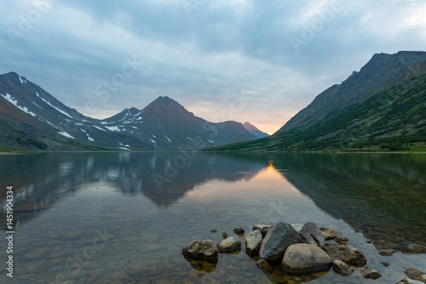 Fototapeta Summer landscape with mountains on sunset, Lake Hadata, Polar Urals, Yamal
