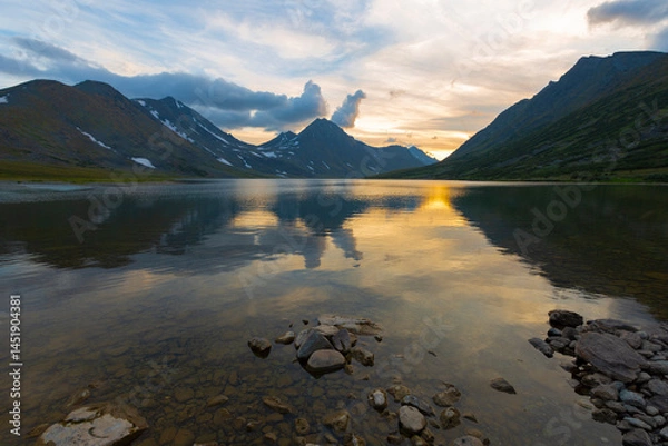 Fototapeta Summer landscape with mountains on sunset, Lake Hadata, Polar Urals, Yamal