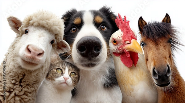 Fototapeta group of domestic animals on white background: sheep, cat, dog, rooster, horse