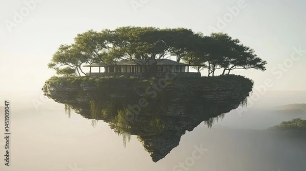 Fototapeta Floating island home in misty landscape