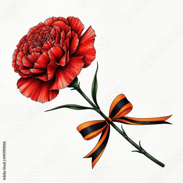 Fototapeta Red carnation flower with orange-black ribbon on white background  