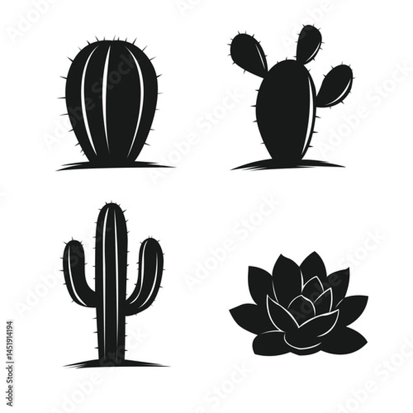 Obraz Cactus and Succulent Silhouette Vector Set – Minimal Black Plant Clipart for Stickers, Logo, and Decoration