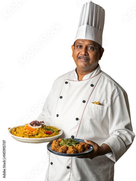 Obraz Indian chef in white uniform and hat holding a plate of biryani in a restaurant kitchen