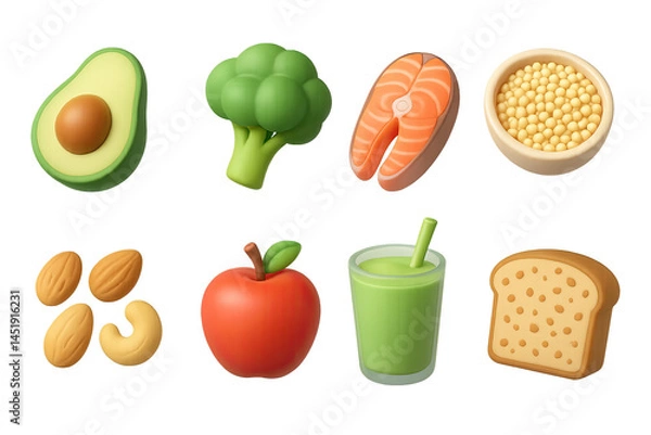 Fototapeta Healthy food 3d icons set - detailed nutrition and diet symbols for balanced meal planning: avocado, broccoli, salmon, quinoa, almonds, apple, smoothie, bread.