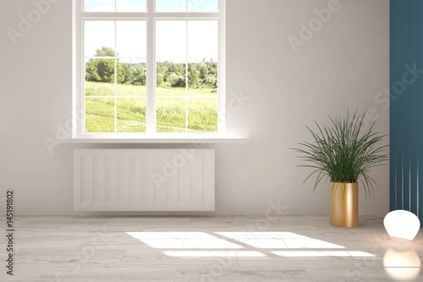 Fototapeta White empty room with green landscape in window. Scandinavian interior design. 3D illustration