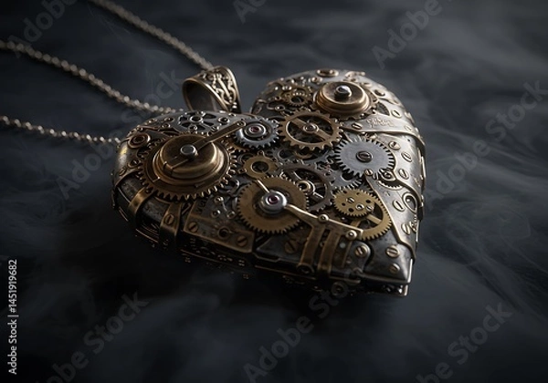 Obraz Steampunk heart pendant in smoky background