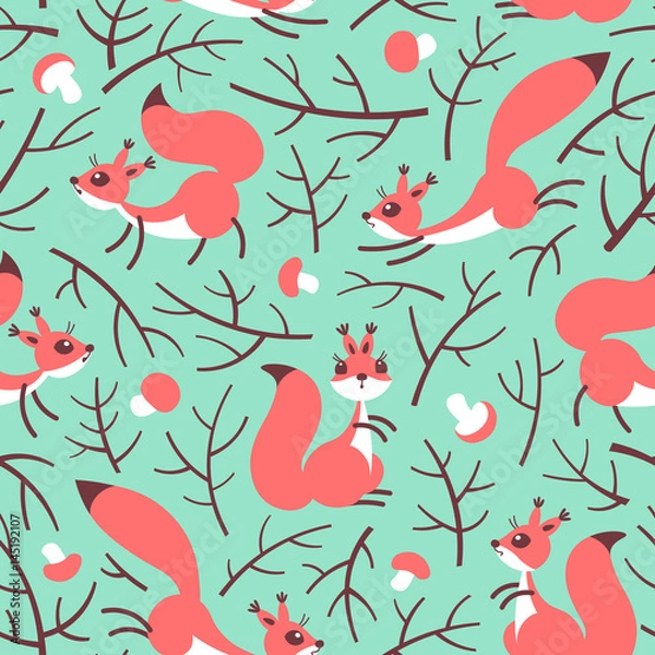 Fototapeta Little cute squirrels in the fall forest. Seamless autumn pattern for gift wrapping, wallpaper, childrens room or clothing.