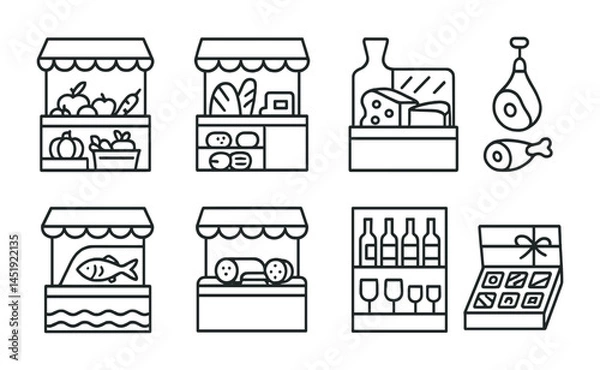 Fototapeta Marketplace and food outline icons set – linear, shopping, grocery symbols