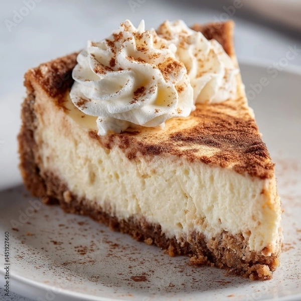 Fototapeta Creamy cheesecake slice topped with whipped cream and cinnamon on white plate – ideal for dessert branding, bakery menus or food photography projects focused on sweet indulgence