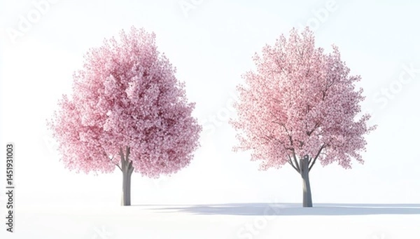 Fototapeta Two pink cherry blossom trees, isolated on white background.  Detailed depictions of full blossom trees, with light pink flowers and smooth, light gray trunks.  Soft shadows cast beneath