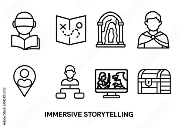 Fototapeta Interactive storytelling line icons set – flat, outline, narrative and role-playing symbols