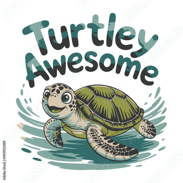 Fototapeta A cute green turtle, a slow reptile with a shell, is seen on the beach and in the wild nature of the water