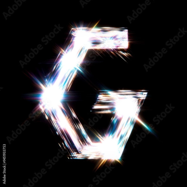 Fototapeta Flare Prism Shine Letter G Overlay - Radiant Light Text Effect for Glamorous Designs. Perfect for Beauty, Fashion and Luxury Branding Projects. High-Quality Transparent PNG for Digital Creations