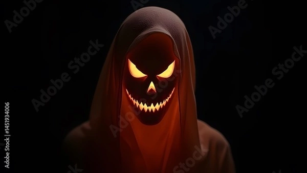 Fototapeta Halloween Grim Reaper Hooded Figure with Glowing Jack-o'-lantern Face