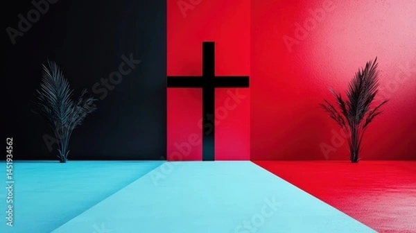 Fototapeta A cross is in the middle of a red and blue room
