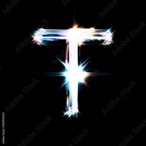 Fototapeta Flare Prism Shine Letter T Overlay - Radiant Light Text Effect for Glamorous Designs. Perfect for Beauty, Fashion and Luxury Branding Projects. High-Quality Transparent PNG for Digital Creations