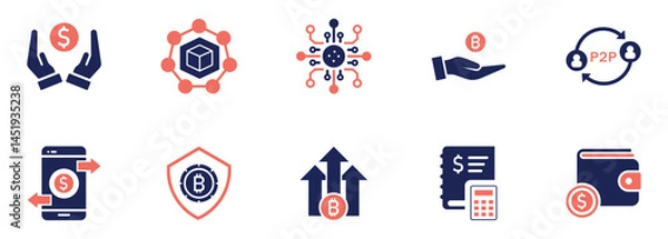 Obraz Cryptocurrency and Blockchain Icon Set – Bitcoin, P2P, Mobile Wallet, Secure Payment, Digital Finance, and Crypto Investment Graphics