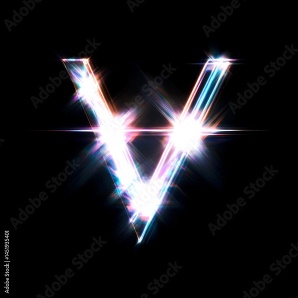 Fototapeta Flare Prism Shine Letter V Overlay - Radiant Light Text Effect for Glamorous Designs. Perfect for Beauty, Fashion and Luxury Branding Projects. High-Quality Transparent PNG for Digital Creations