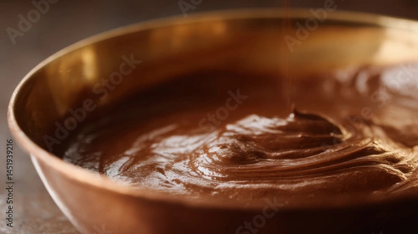 Fototapeta Smooth molten chocolate in copper bowl, creating rich and indulgent texture