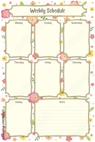 Obraz Back to school daily weekly monthly planner with floral flower decoration background journal list memo classroom timetable schedule for kids student teacher in purple pink hand drawing template