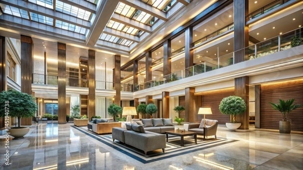 Obraz Luxurious hotel lobby with modern decor featuring sleek lines, high ceilings, and a spacious atrium