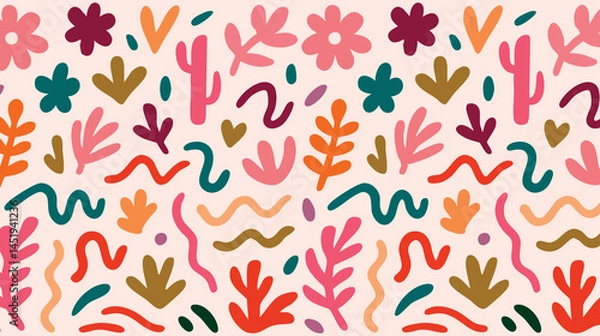 Fototapeta Colorful abstract floral and organic shape composition. Contemporary art collage with abstract shapes. Background with Scandinavian cut out elements