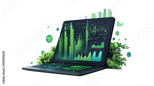 Fototapeta Floating green fintech sustainability performance metrics dashboard, isolated, PNG format, transparent background. Varient 5