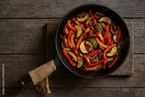 Obraz Colorful Stir-Fried Vegetables in Cast Iron Skillet on Rustic Wooden Background – Healthy Vegan Dish with Zucchini, Bell Peppers, and Red Onions, Perfect for Plant-Based Diets