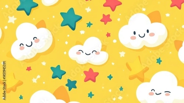 Fototapeta Happy clouds and stars pattern, kids' fabric