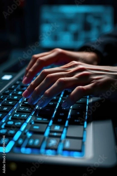Fototapeta Blue-lit Keyboard: Hands Typing in a Digital Realm