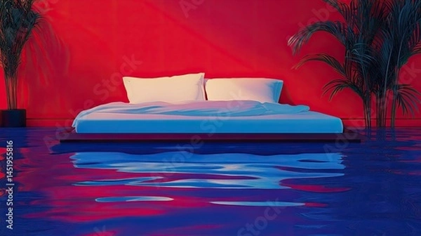 Fototapeta Surreal bed in flooded room with red walls and plants