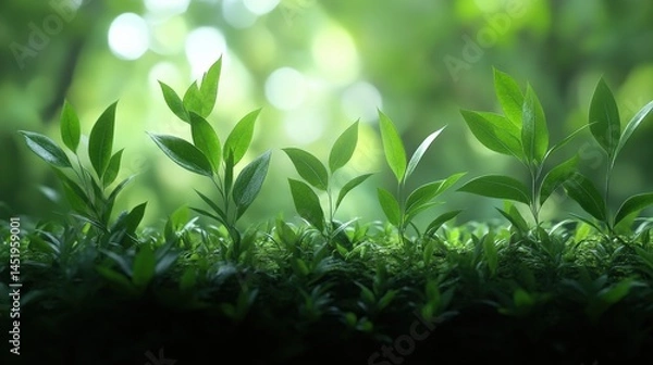 Fototapeta Lush green leaves sprouting from the ground in a serene forest setting with soft sunlight filtering through