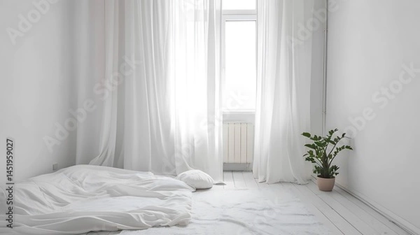 Obraz Serene white bedroom interior with natural light and minimalist decor