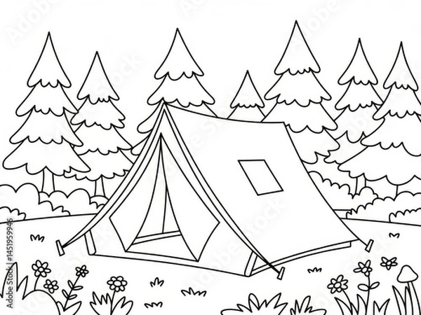 Fototapeta Camping Tent in Forest with Flowers Black and White Outline Illustration