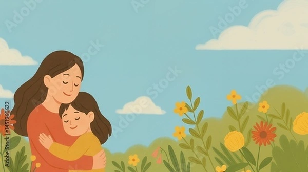 Obraz Mother and daughter hugging in a flower field. Flat cartoon illustration with blue sky, clouds, and blooming yellow and red flowers. Family love and Mother's Day concept. 