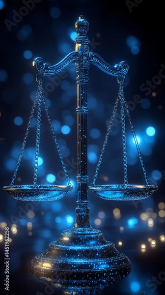 Fototapeta Glowing blue digital scale of justice symbolizing law and balance in futuristic setting