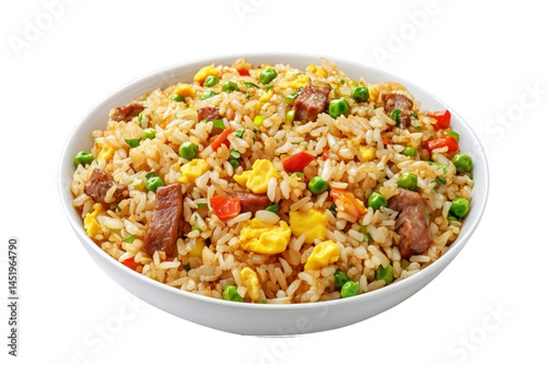 Fototapeta Fried rice with peas, scrambled eggs, red bell peppers, and beef pieces in ceramic bowl isolated on white transparent background, concept of Asian cuisine