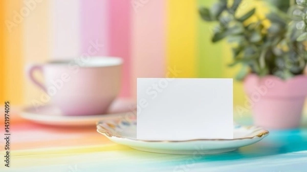 Fototapeta A blank white folded small name card place on a pastel rainbow decoration table.