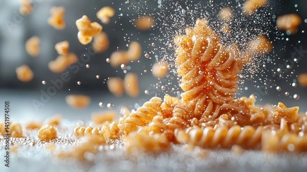 Fototapeta Close-up of swirling pasta spirals with flour dust in a dynamic kitchen setting