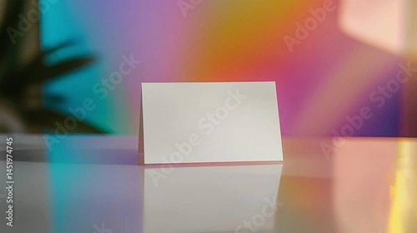 Fototapeta A blank white folded small name card place on a pastel rainbow decoration table.