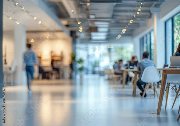 Fototapeta Blurred background showcases a modern office space filled with professionals working at desks, collaborating, and focused on their tasks in a bright and inviting atmosphere