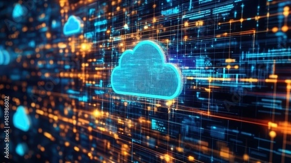Obraz An image showcasing automated data migration tools for cloud adoption, illustrating the seamless transition of data through cloud-based platforms.