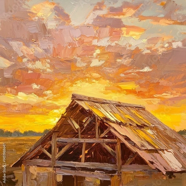Obraz Painted sunset over an old weathered barn.
